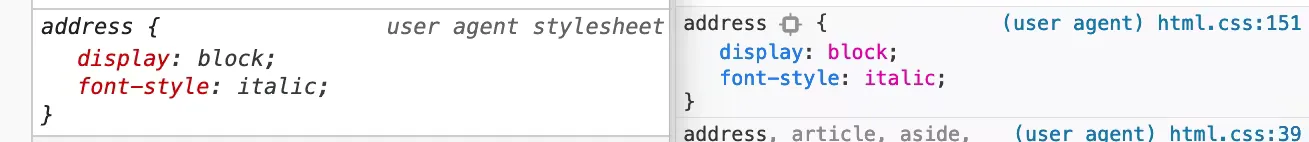 Styles applied by default to address HTML tag