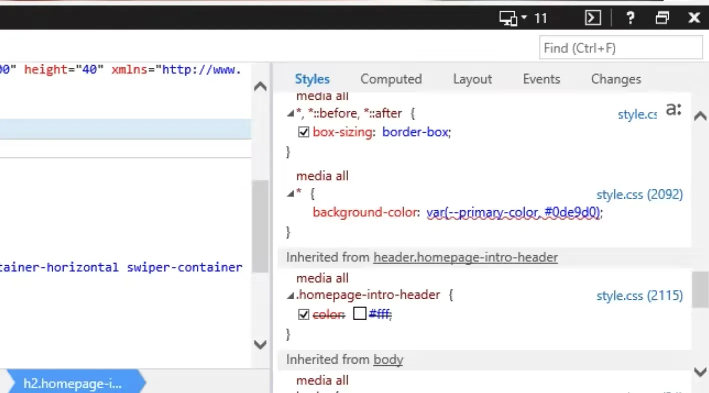 Screenshot of the Internet Explorer 11 code inspector